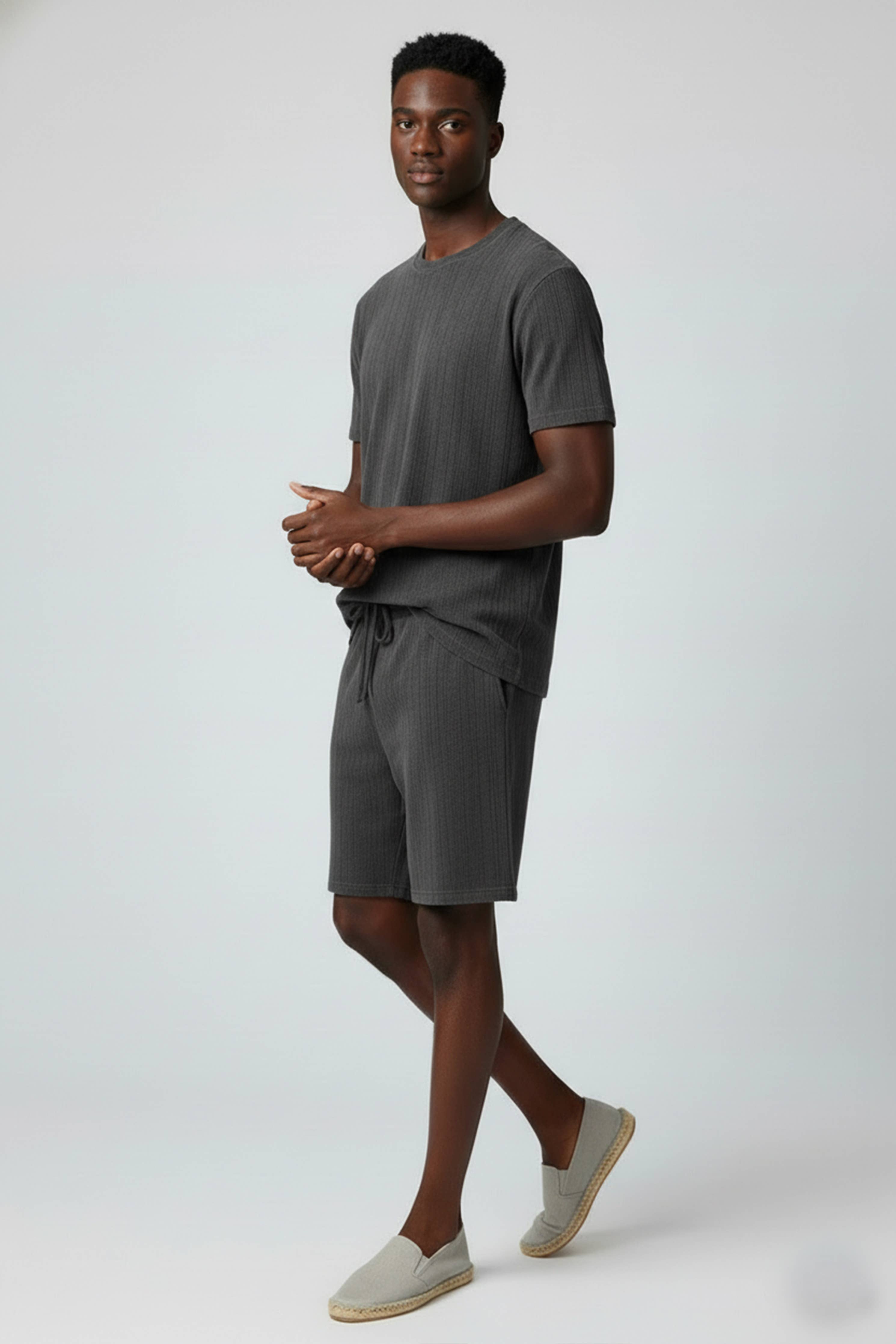 Hawk's Bay Textured Tee and Short Set — Charcoal