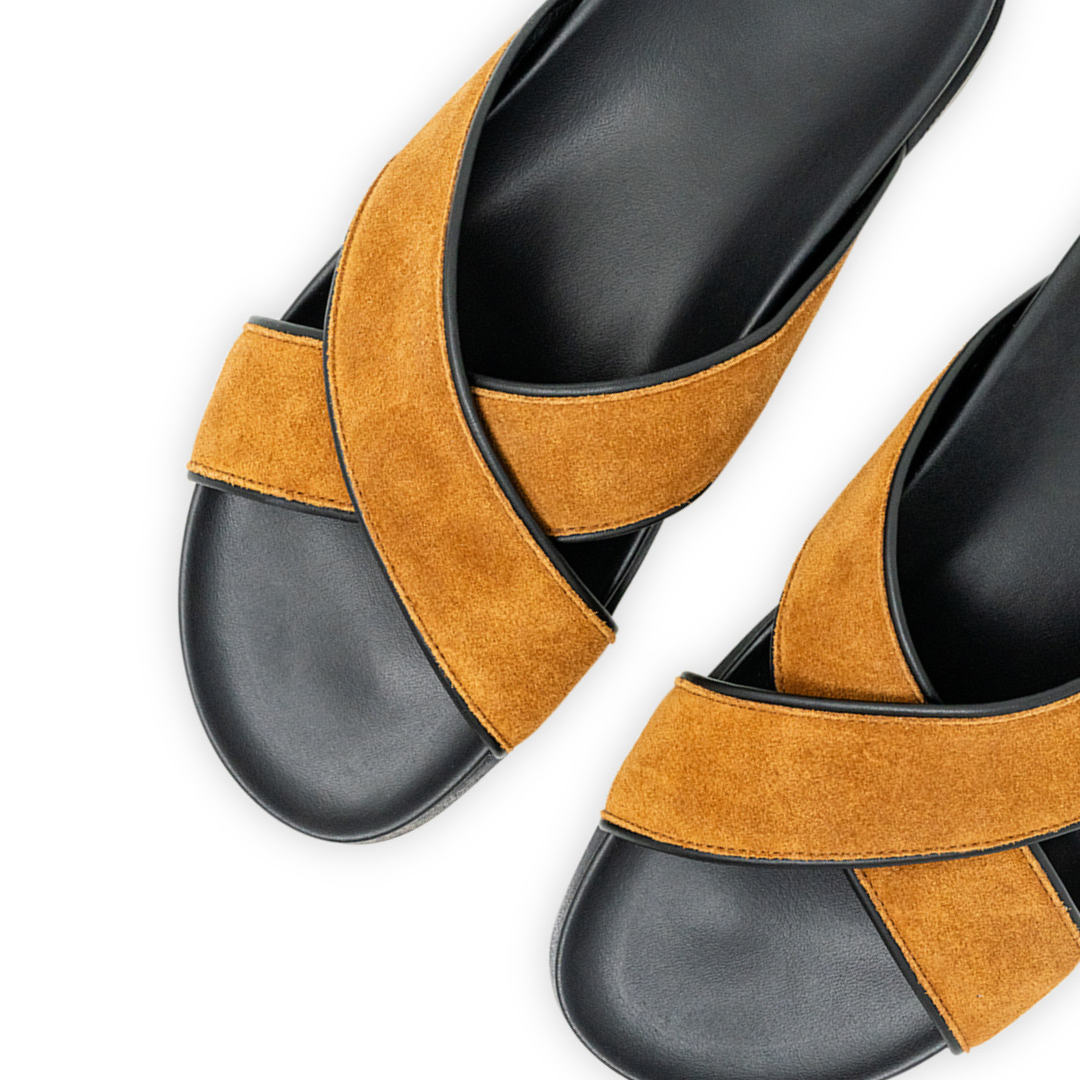 Tan Amalfi Crossover Sandal — top angle close-up