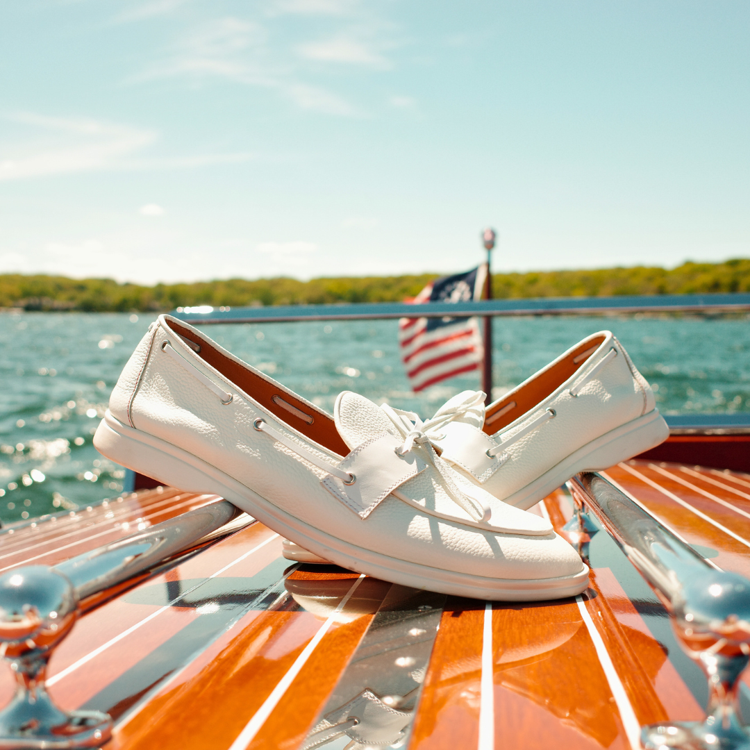 White Pebbled Leather Barca Yacht Loafer — product on boat