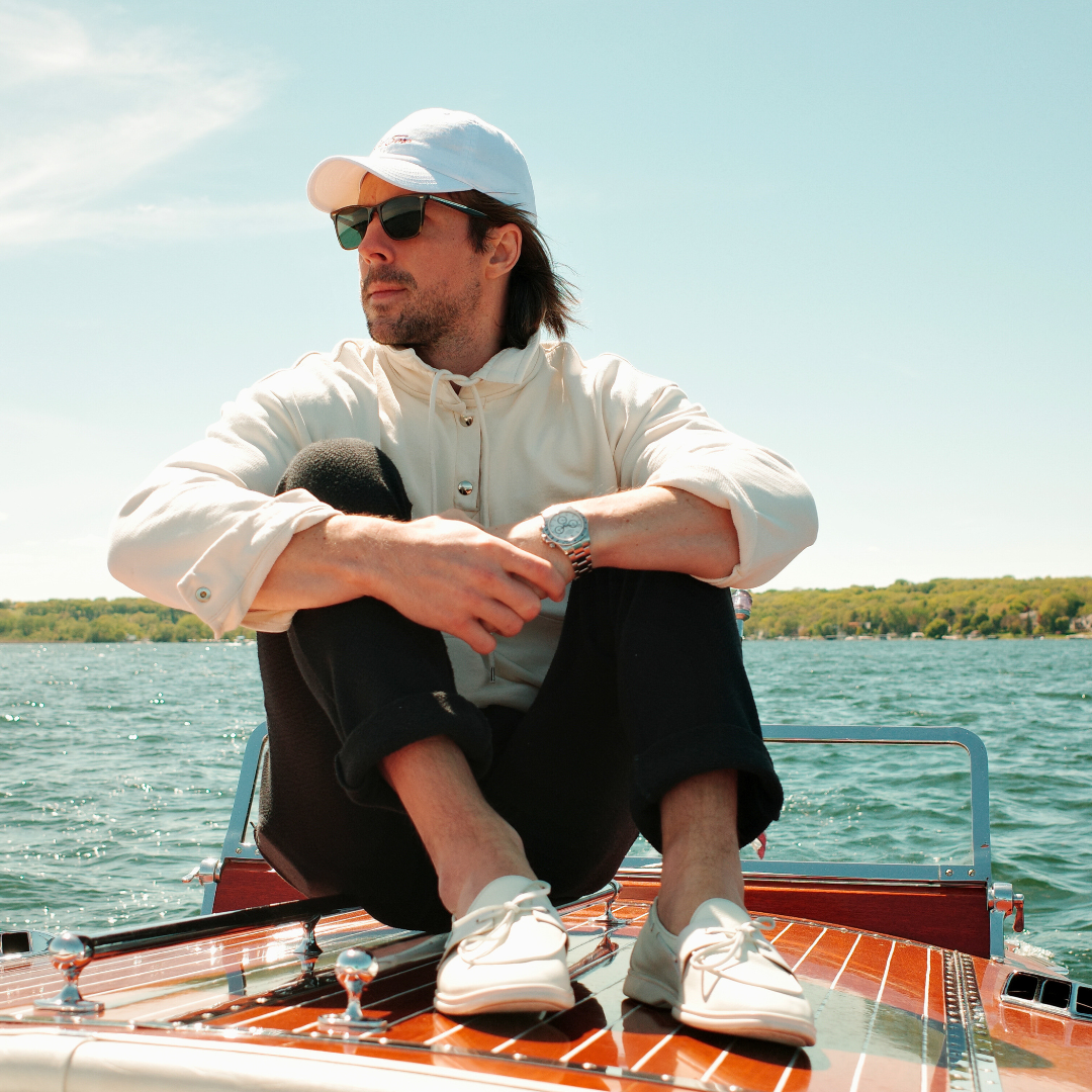 White Pebbled Leather Barca Yacht Loafer — styled on boat
