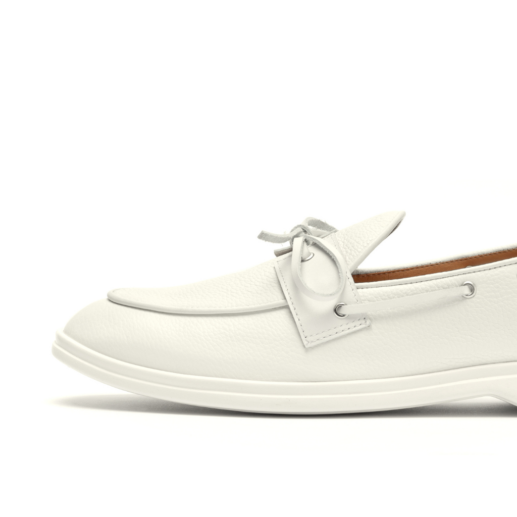 White Pebbled Leather Barca Yacht Loafer — side close-up