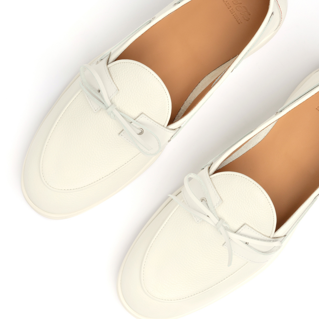 White Pebbled Leather Barca Yacht Loafer — top angle close-up