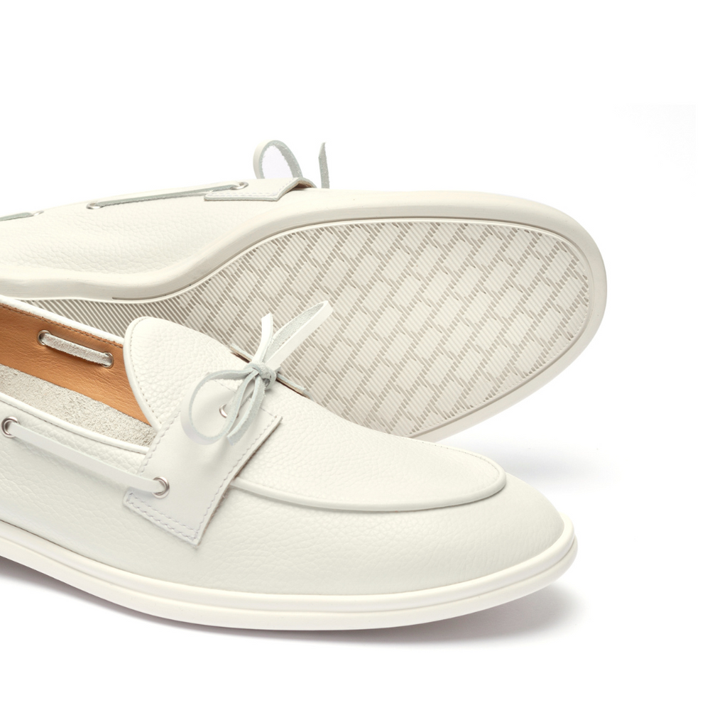 White Pebbled Leather Barca Yacht Loafer — top detail