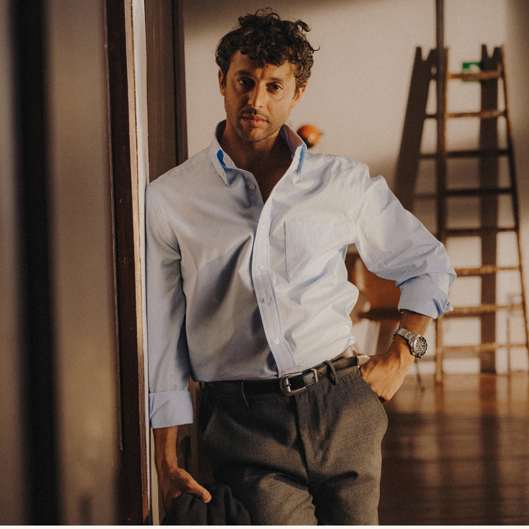 Button Down Shirt in Solid Light Blue — styled view