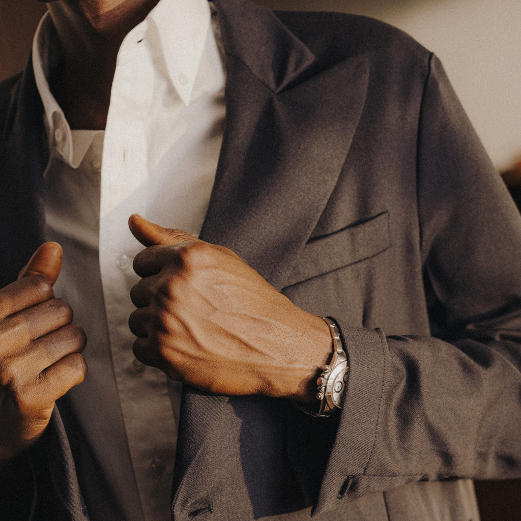 Button Down Shirt in Solid Panna White — close-up styling