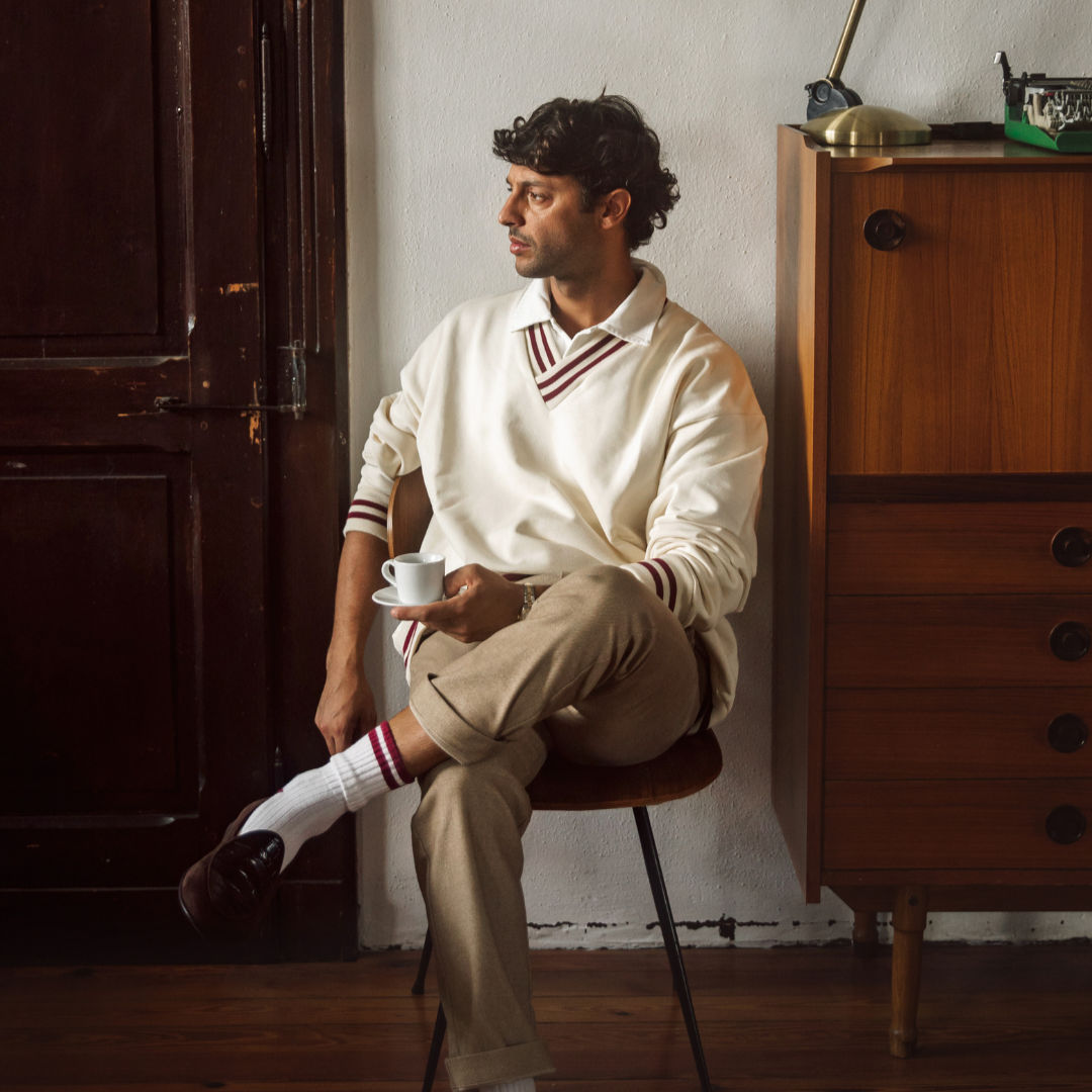 Vintage Club V-Neck Sweatshirt in Panna with Burgundy Trim — outfit styling