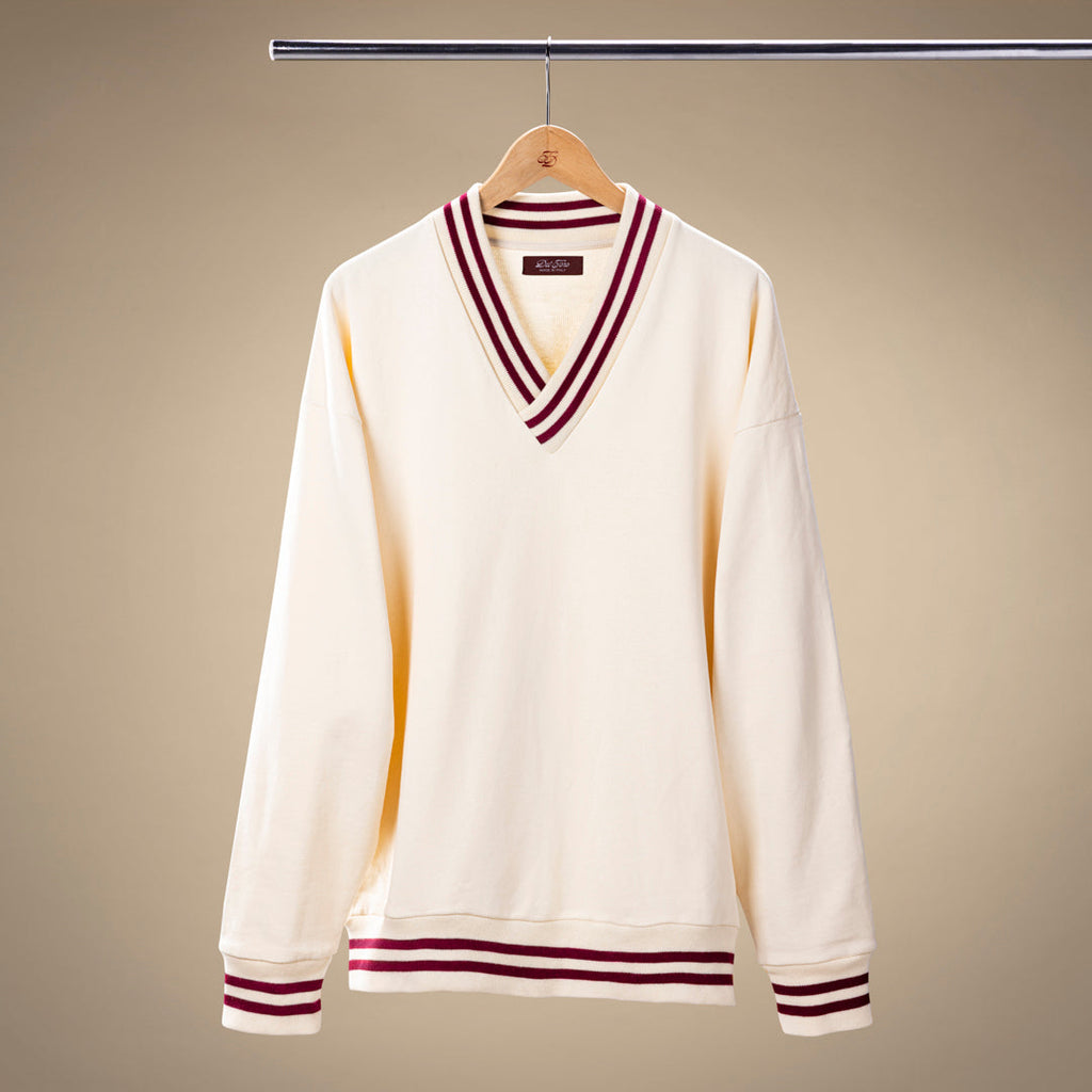 Vintage Club V-Neck Sweatshirt in Panna with Burgundy Trim — front product view
