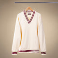 Vintage Club V-Neck Sweatshirt in Panna with Burgundy Trim — front product view