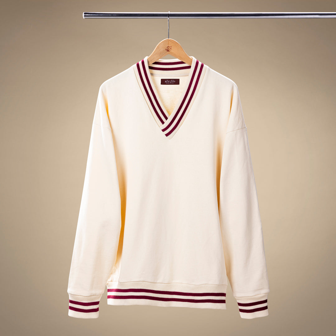 Vintage Club V-Neck Sweatshirt in Panna with Burgundy Trim — front product view