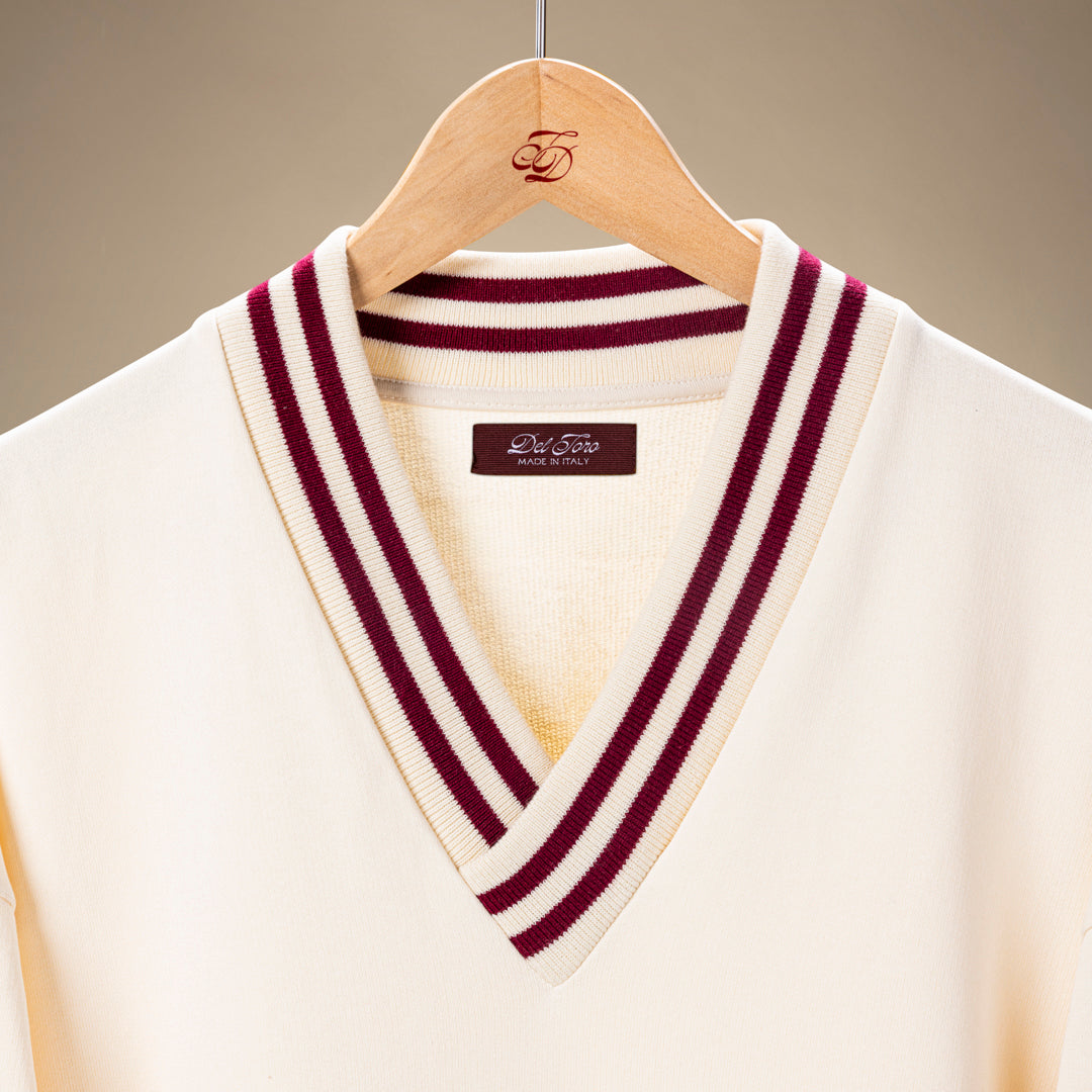 Vintage Club V-Neck Sweatshirt in Panna with Burgundy Trim — garment detail