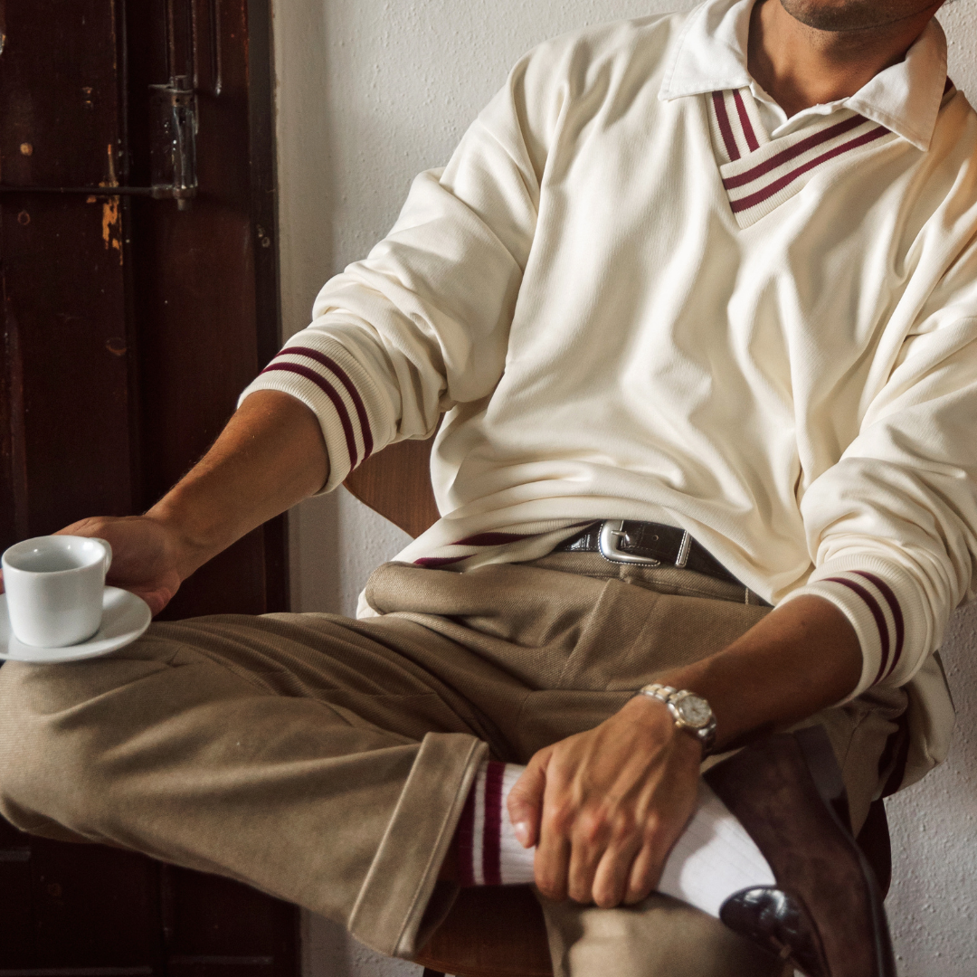 Vintage Club V-Neck Sweatshirt in Panna with Burgundy Trim — styled with espresso
