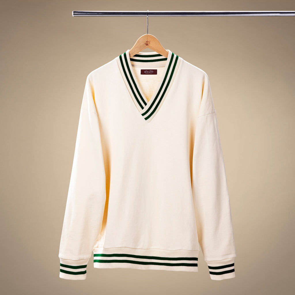 Vintage Club V-Neck Sweatshirt in Panna with Forest Trim — front product view
