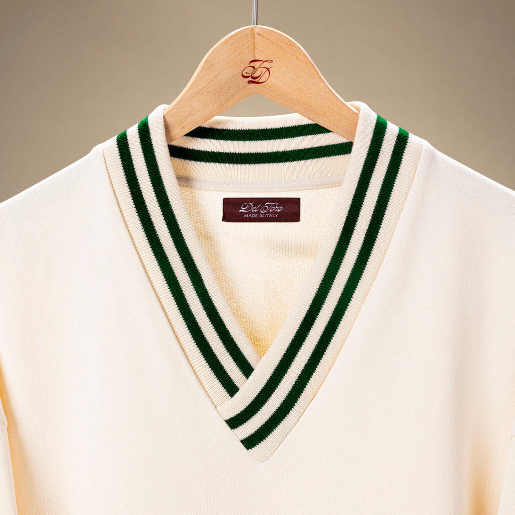 Vintage Club V-Neck Sweatshirt in Panna with Forest Trim — garment detail