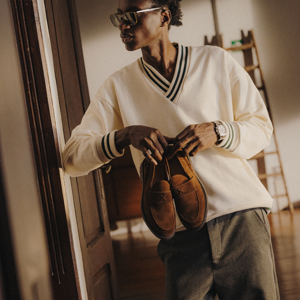 Vintage Club V-Neck Sweatshirt in Panna with Forest Trim — styled product view