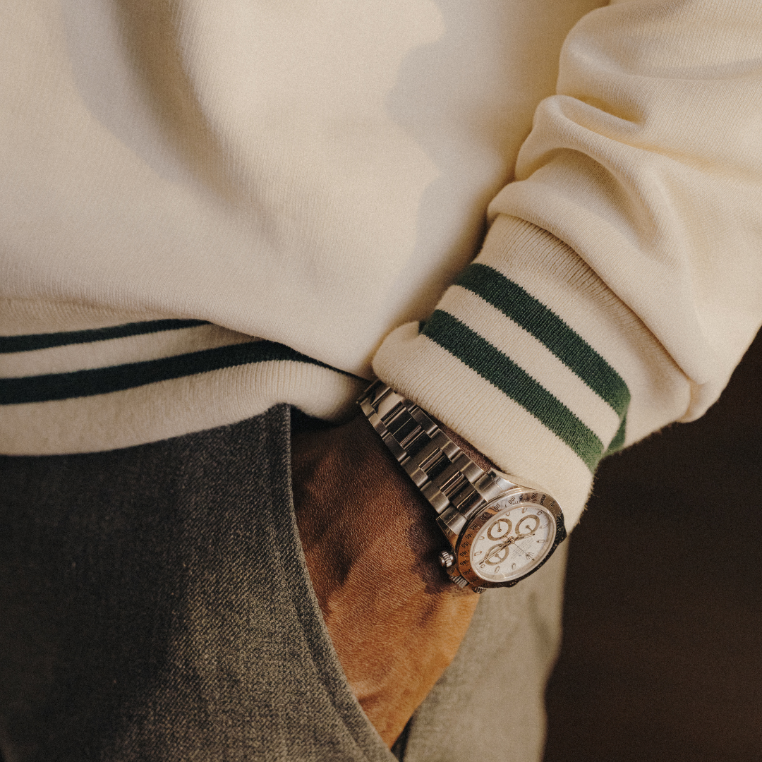 Vintage Club V-Neck Sweatshirt in Panna with Forest Trim — close-up styling