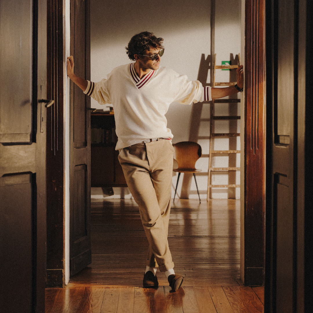 Vintage Club V-Neck Sweatshirt in Panna with Burgundy Trim — styled product view
