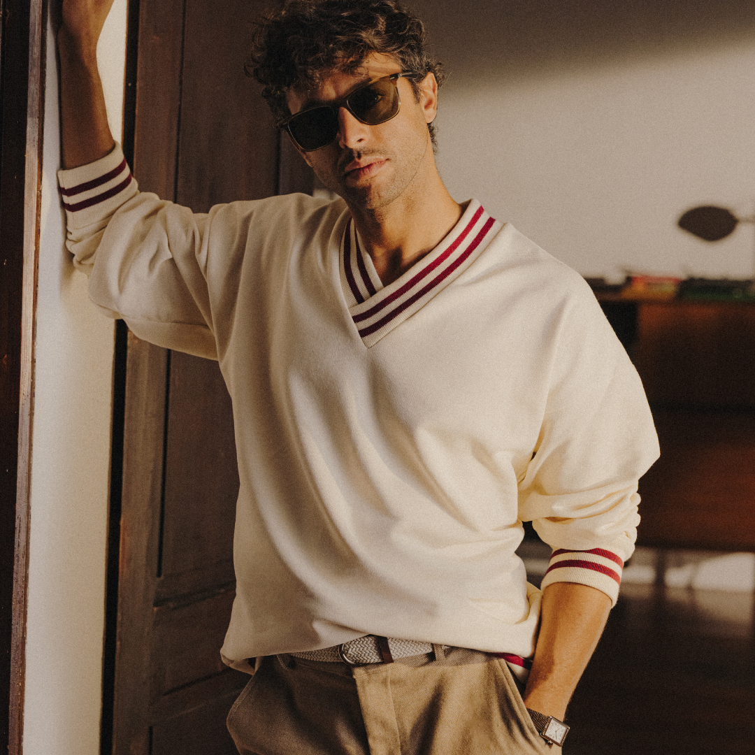 Vintage Club V-Neck Sweatshirt in Panna with Burgundy Trim — styled close-up