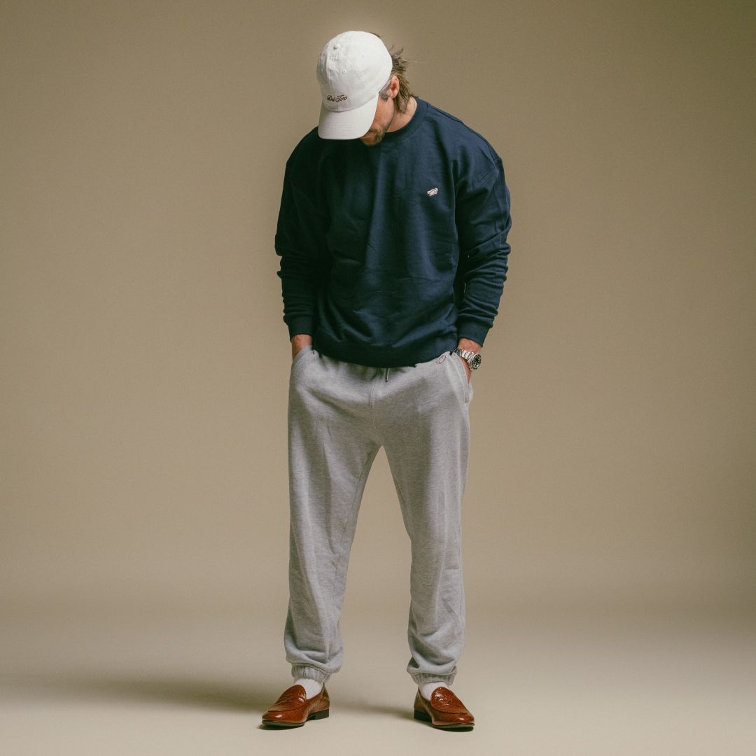 Retro Gym Crewneck Sweatshirt in Navy — styled close-up