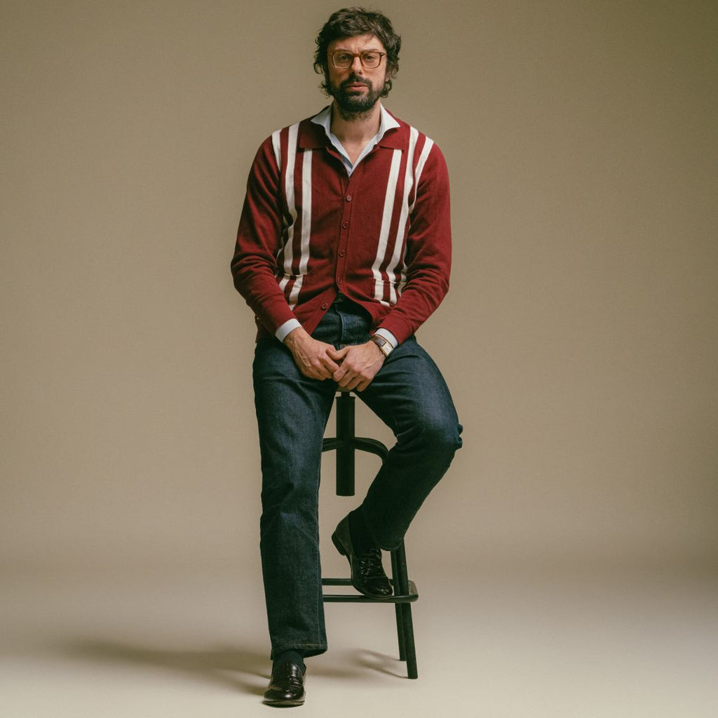 Vintage Stripe Polo Cardigan in Burgundy and Cream Stripe — lifestyle close-up