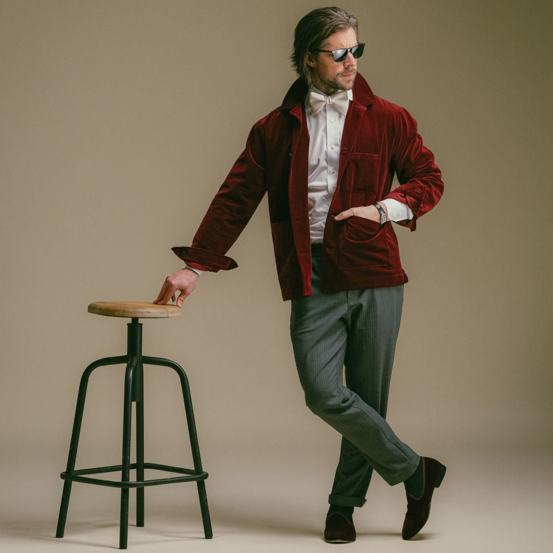 Velour Cocktail Coat in Oxblood — lifestyle close-up