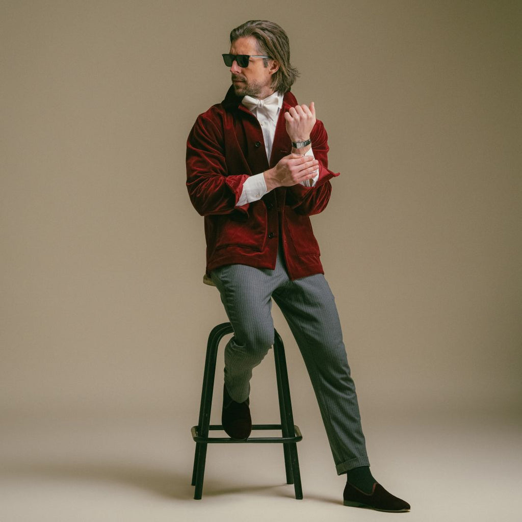 Velour Cocktail Coat in Oxblood — styled lifestyle view