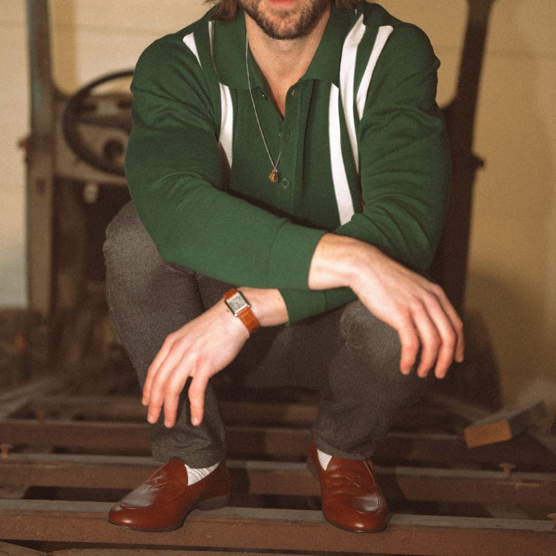 Vintage Stripe Polo Cardigan in Green and Cream Stripe — styled product view