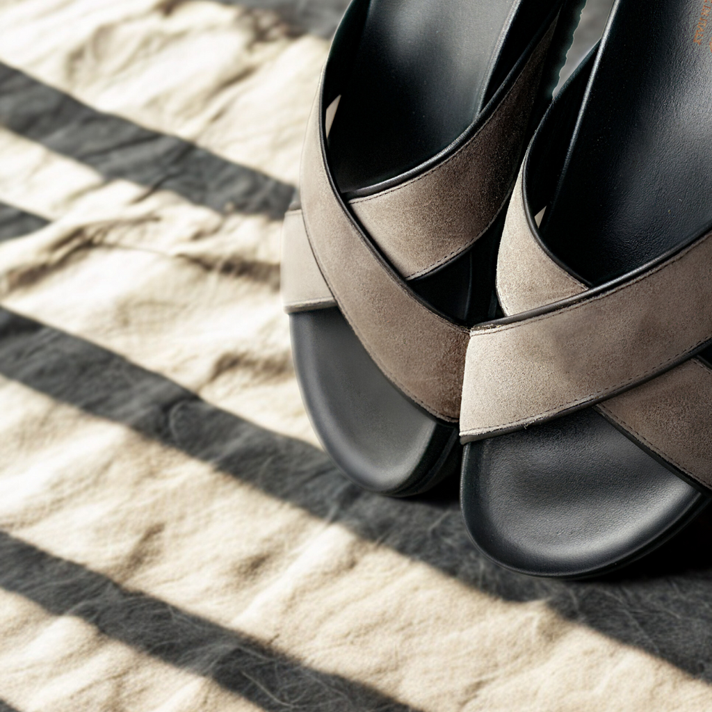 Grigio Amalfi Crossover Sandal — lifestyle campaign image