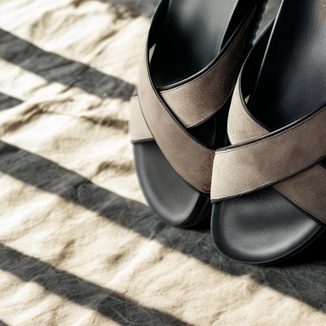 Grigio Amalfi Crossover Sandal — lifestyle campaign image