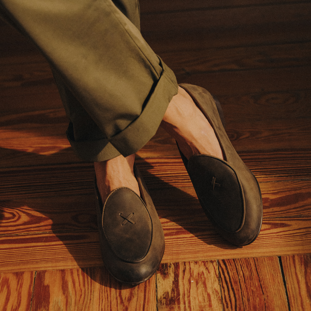 Prato Pant in Olive — styled with loafer