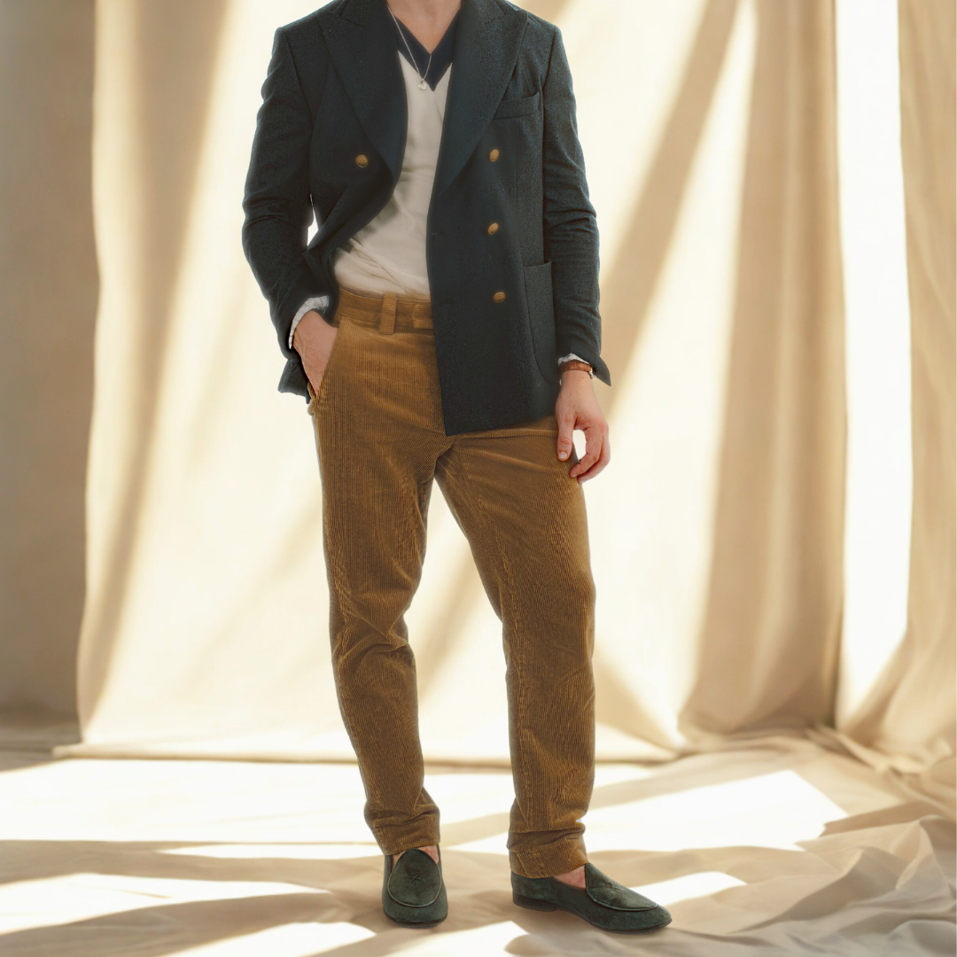 Pine Suede Milano Loafer — styled standing view