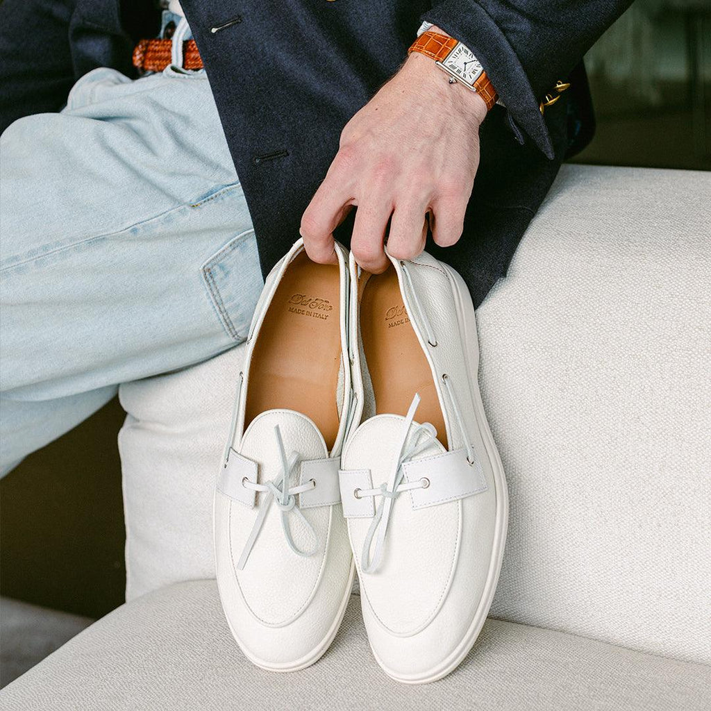 White Pebbled Leather Barca Yacht Loafer — leather detail