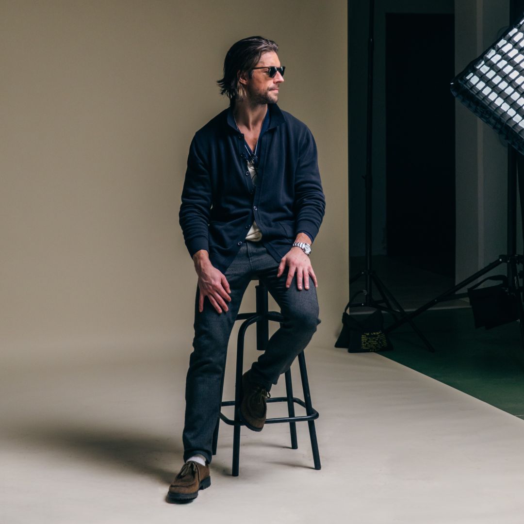 Vintage Polo Cardigan in Navy — styled studio view