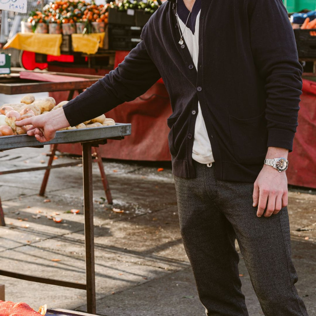 Vintage Polo Cardigan in Navy — market lifestyle styling