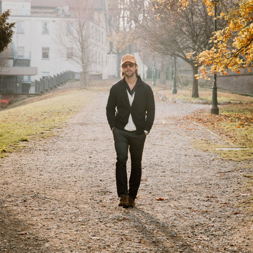 Vintage Polo Cardigan in Navy — street lifestyle styling