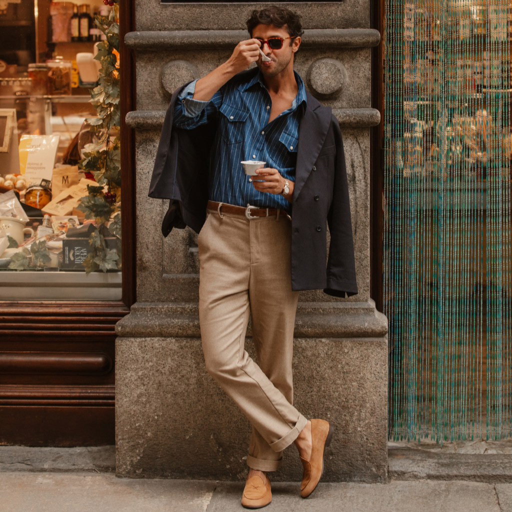 Prato Pant in Birdseye Beige — lifestyle styling