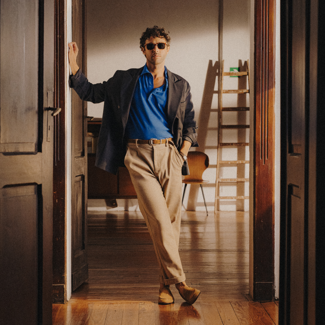 Prato Pant in Birdseye Beige — styled outfit view