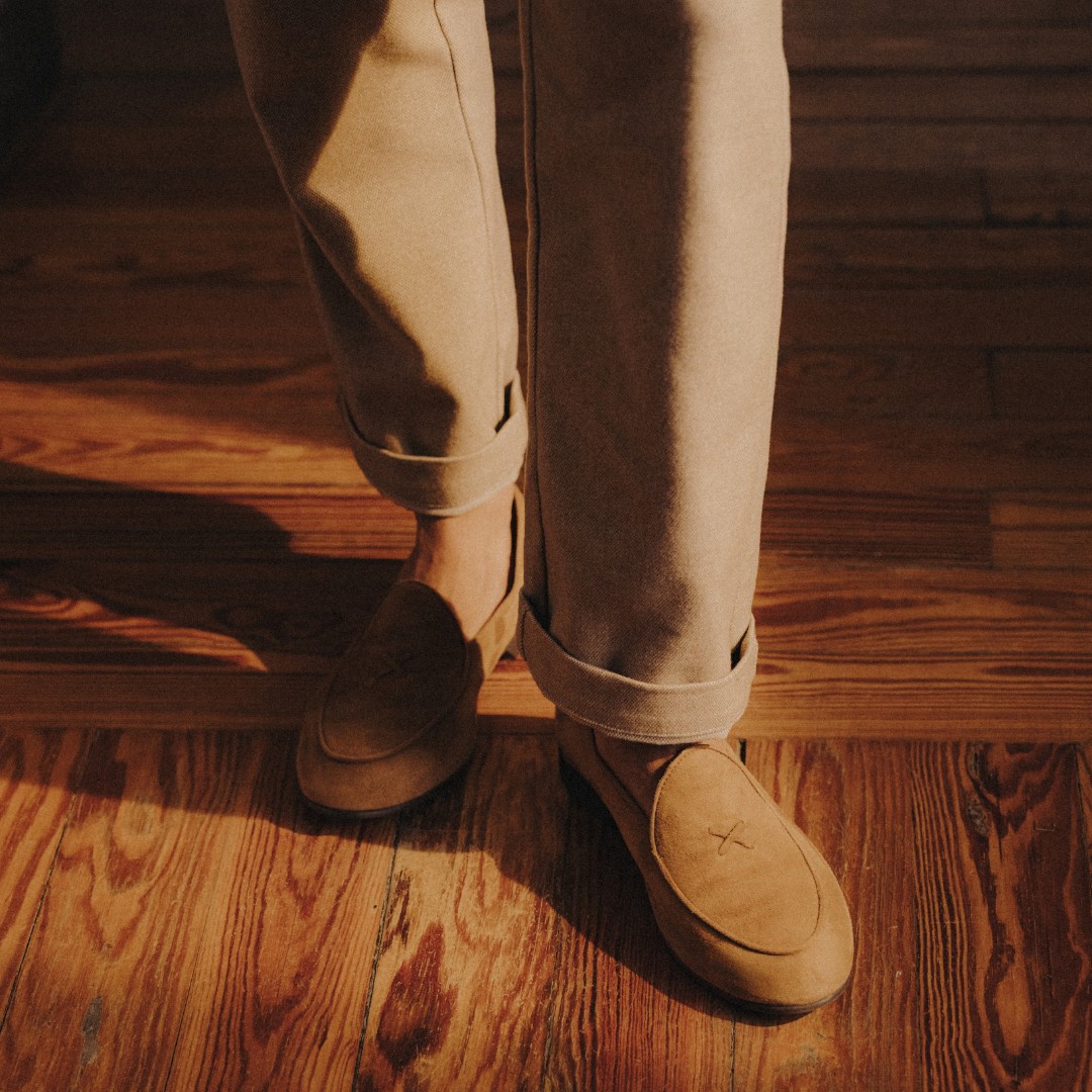 Prato Pant in Birdseye Beige — styled with loafer