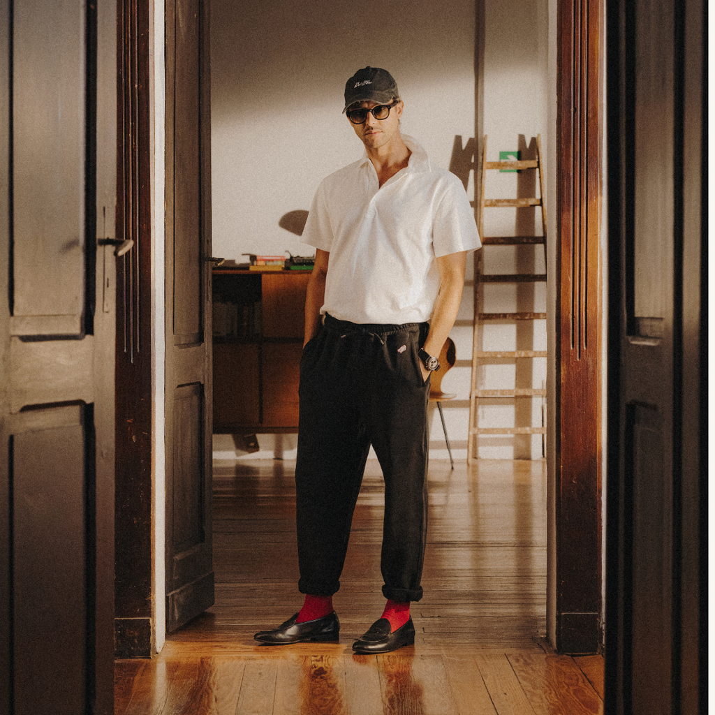 Retro Gym Sweatpants in Black — styled with loafer