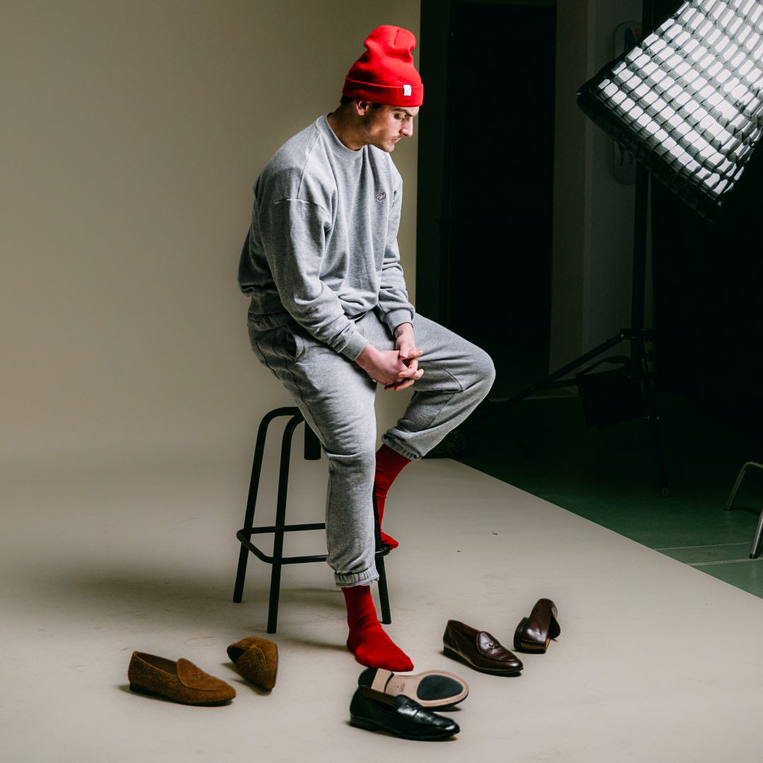 Retro Gym Crewneck Sweatshirt in Heather Grey — styled studio view