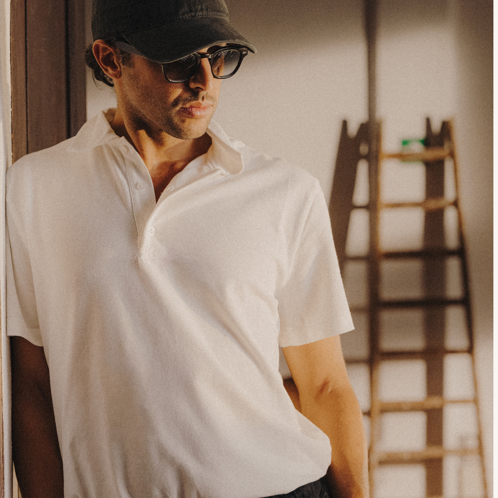 Short Sleeve Polo in Panna White — styled close-up