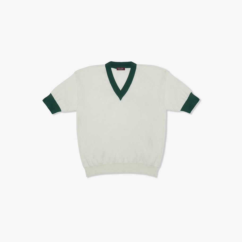 Vintage Short Sleeve V-Neck Sweater in Vintage White and Forest Green — front product view