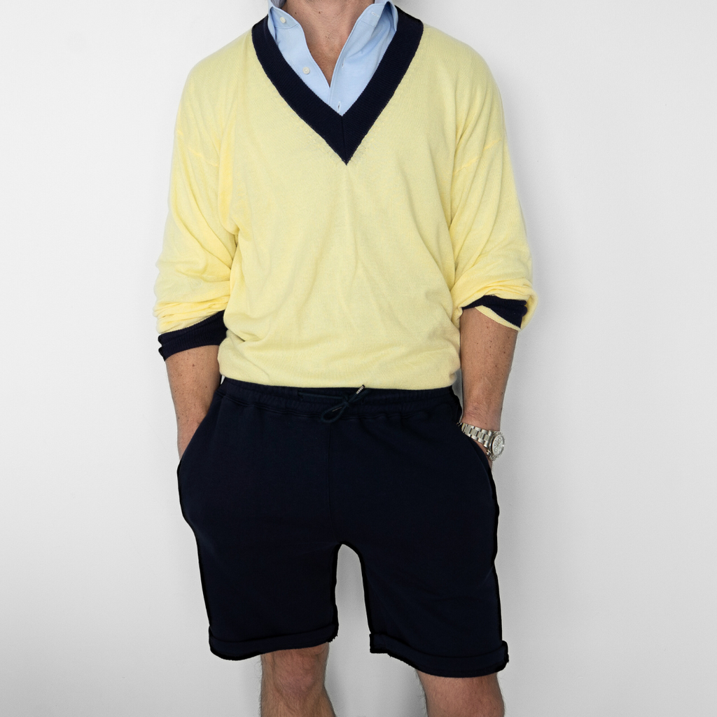Retro Gym Sweatshorts in Navy — styled product view