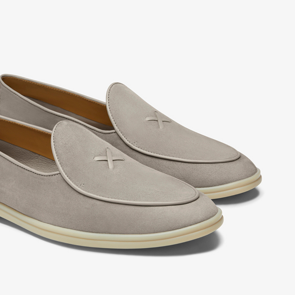 Grigio Suede Viaggio Loafer — angled close-up