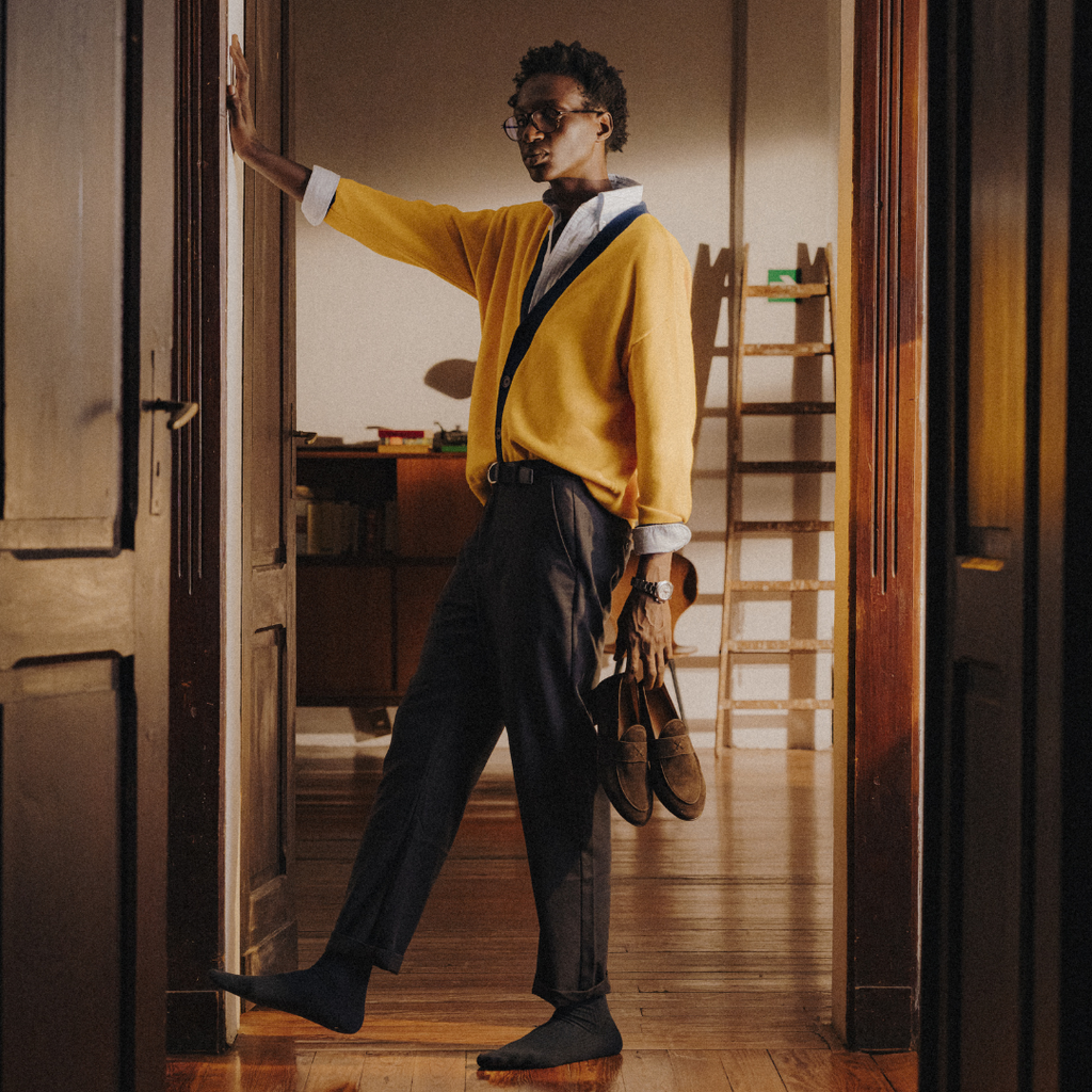 Vintage Fit Cardigan in Collegiate Yellow and Navy — styled product detail