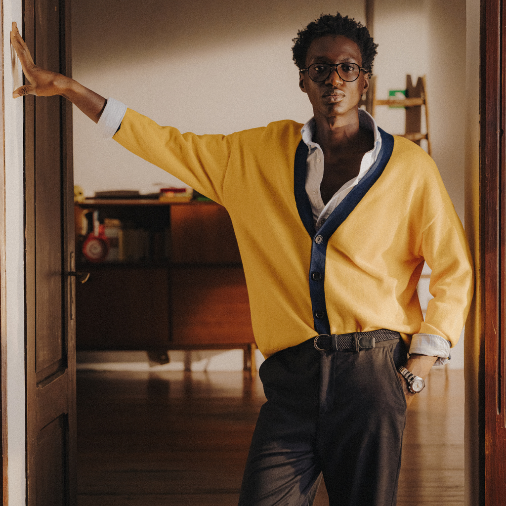 Vintage Fit Cardigan in Collegiate Yellow and Navy — styled outfit view