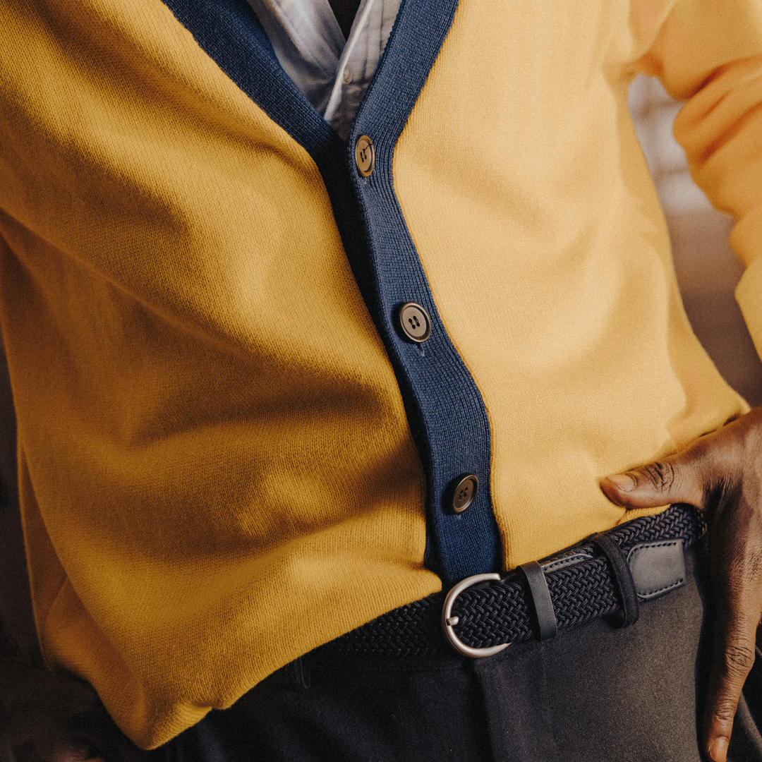Vintage Fit Cardigan in Collegiate Yellow and Navy — lifestyle styling