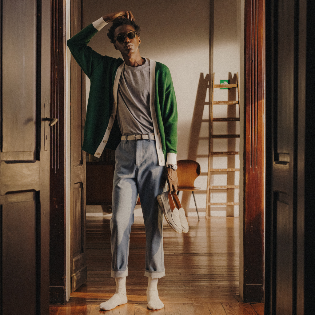 Vintage Fit Cardigan in Fairway Green and Vintage White — styled outfit view