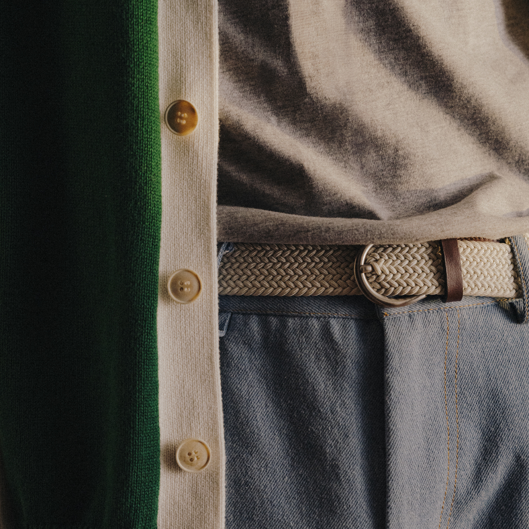 Vintage Fit Cardigan in Fairway Green and Vintage White — lifestyle styling