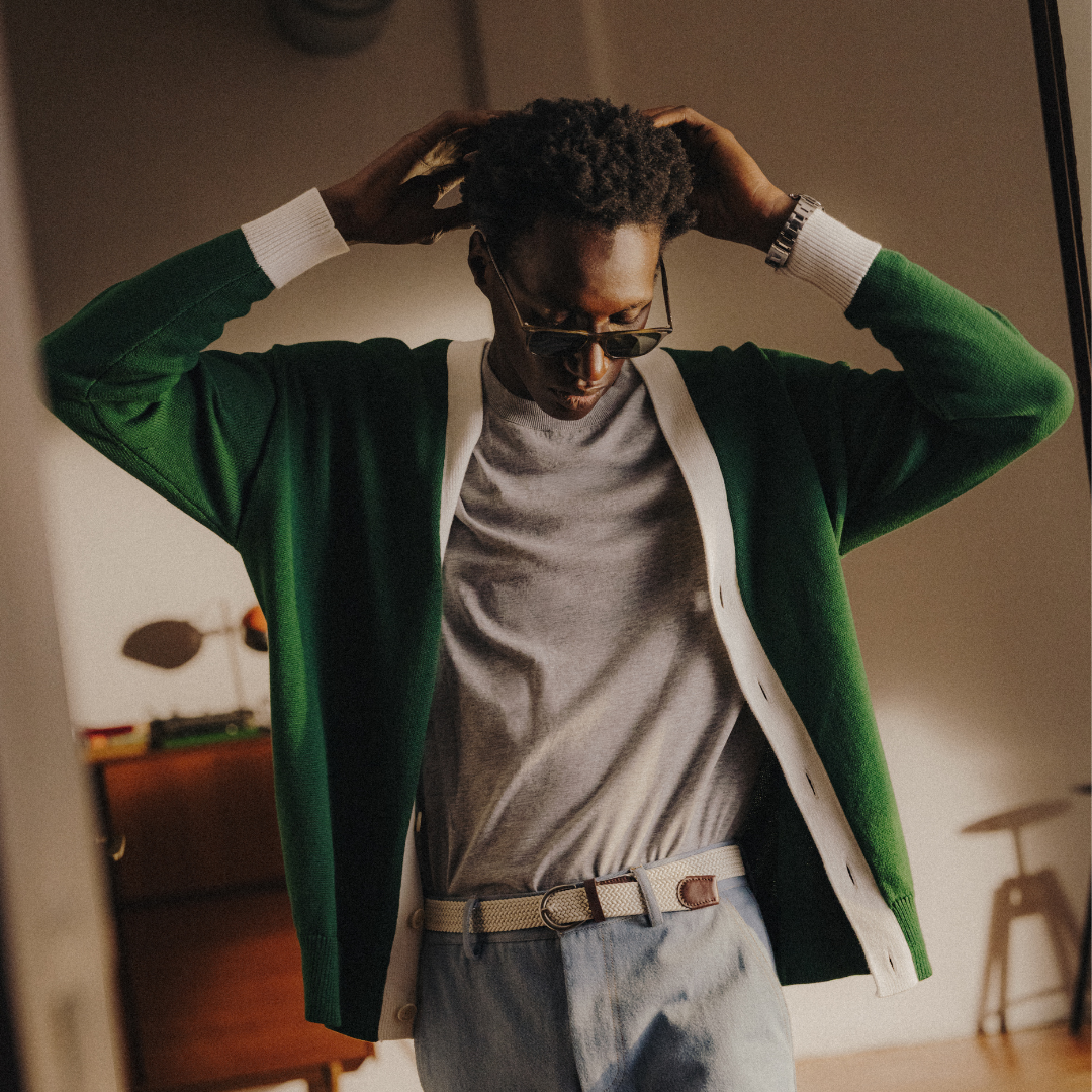 Vintage Fit Cardigan in Fairway Green and Vintage White — styled product view