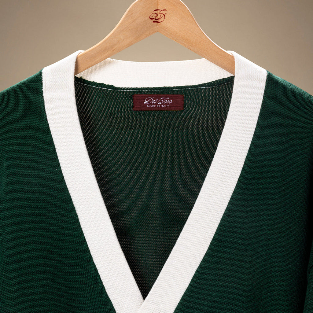 Vintage Fit Cardigan in Fairway Green and Vintage White — garment detail
